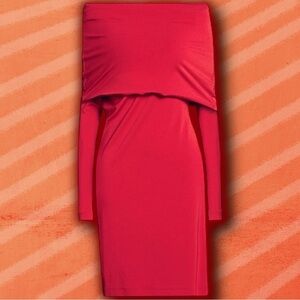 NWT Alberta Ferretti Red / Coral Pink Cowlneck Foldover Off-The-Shoulder Dress 4